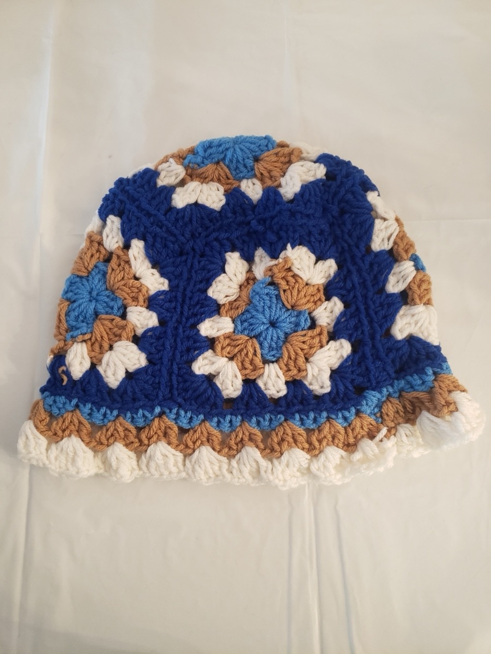 Handmade Granny Square Crochet Blue, White & Tan unisex Beanie Hat